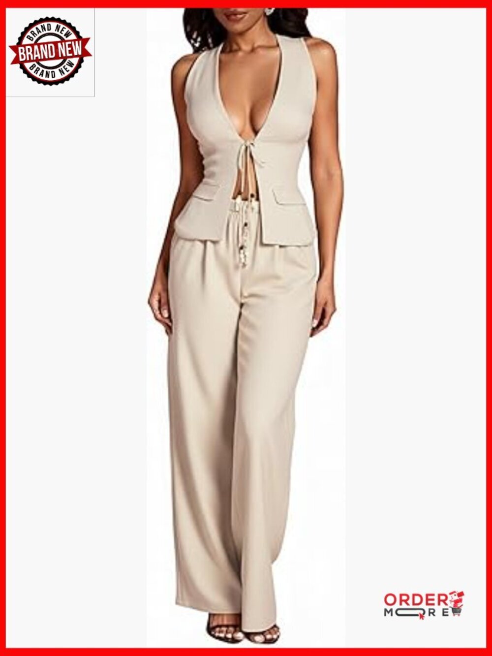 2 Piece Outfit Tie Front Deep V Neck Top and Wide Leg Pants Set